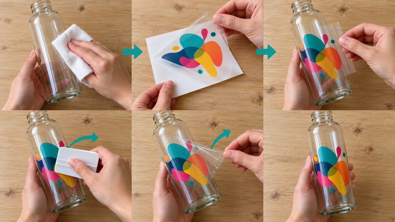 Séquence de 6 vignettes montrant des mains qui nettoient une bouteille en verre, décollent un support antiadhésif, positionnent un visuel, lissent à la raclette et retirent un film transparent sous un angle faible