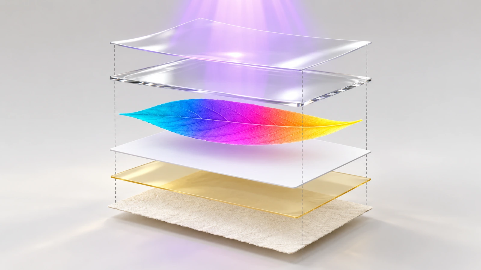 Coupe transversale éclatée d'un autocollant à transfert UV montrant, empilés dans l'ordre, le support antiadhésif, l'adhésif, la base d'encre blanche, l'encre de couleur, le vernis transparent et le film de transfert transparent