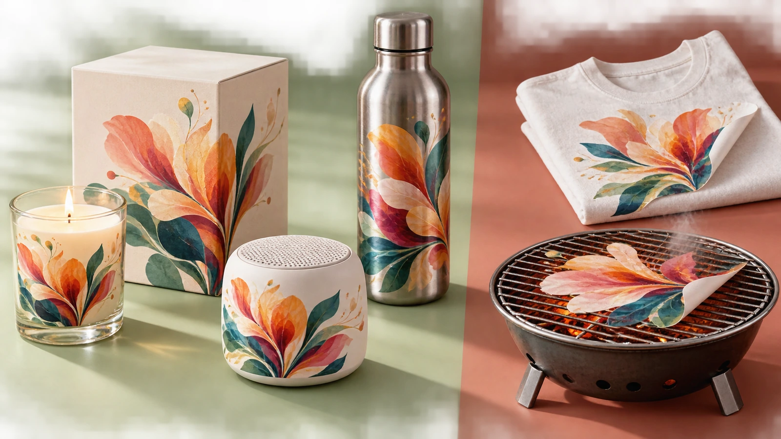 Pot en verre, boîte cadeau rigide, boîtier électronique en plastique et bouteille métallique regroupés comme surfaces adaptées, séparés d'un tissu et d'un gril chaud présentés comme surfaces inadaptées