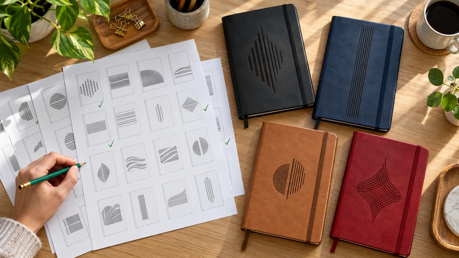 Planches d'épreuves d'une série de cahiers en cuir personnalisés disposées à côté de carnets d'essai de différents coloris de couverture, à titre de comparaison