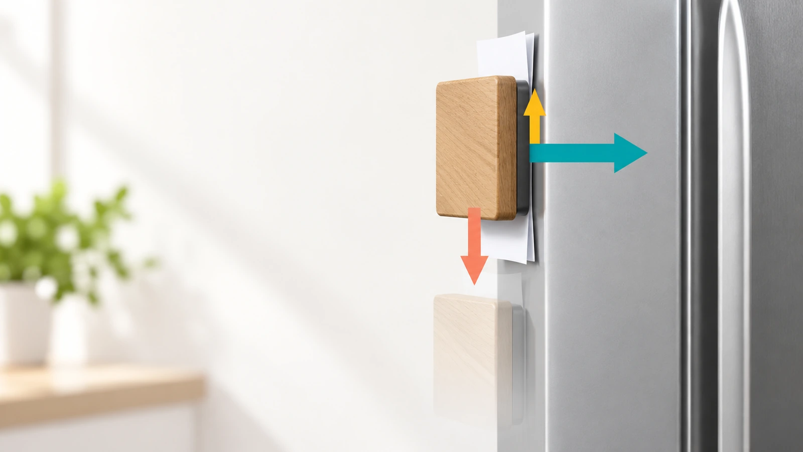 Schéma d'un magnet en bois sur une porte en acier verticale, avec des flèches indiquant la force de serrage magnétique, le poids vers le bas et la friction vers le haut