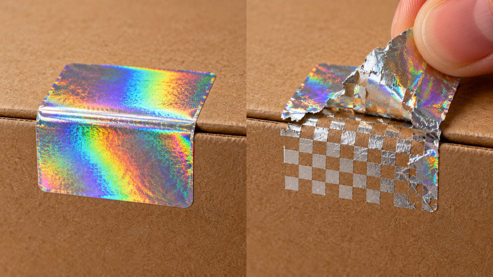 Vue avant/après d'un sceau à hologramme argenté sur un carton : étiquette intacte à gauche, étiquette décollée laissant un motif de résidu en damier à droite