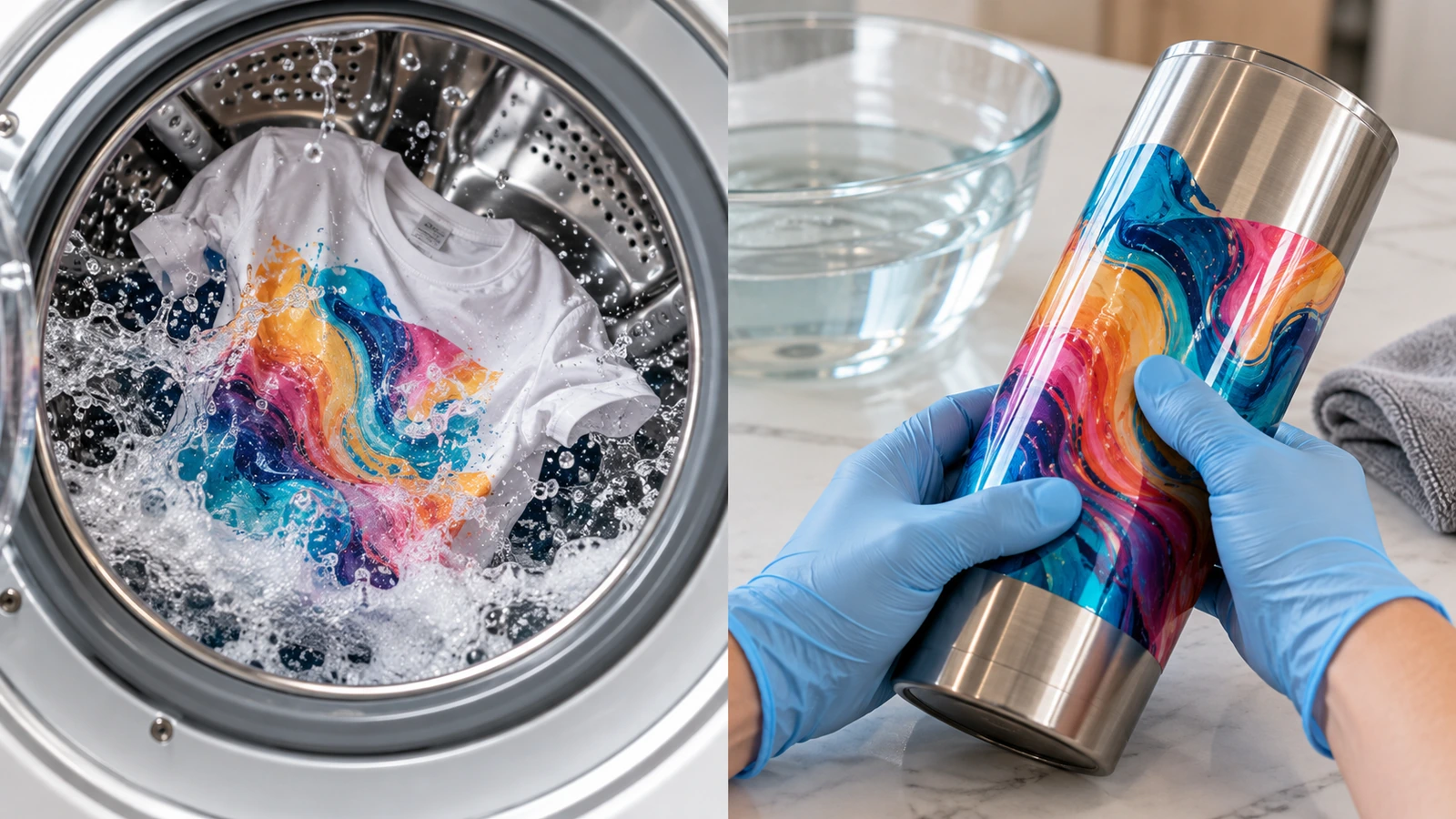 Essai d'échantillons côte à côte : un t-shirt échantillon imprimé dans le tambour d'un lave-linge et une main gantée pressant le bord d'un décalque sur un gobelet isotherme en acier
