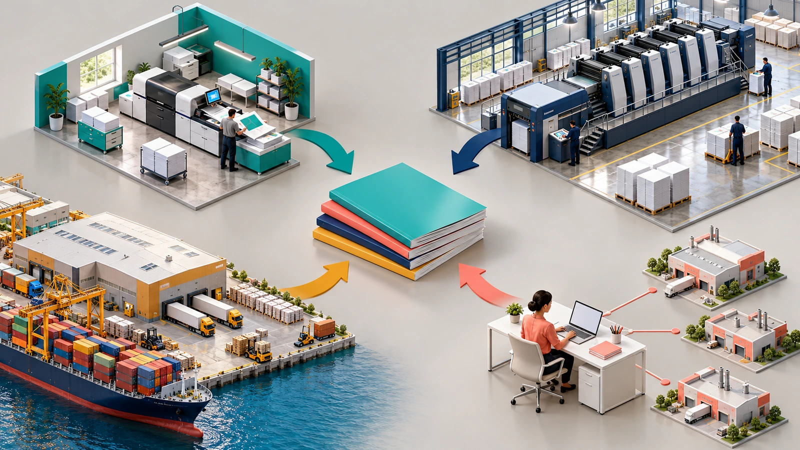Quatre types de partenaires d'impression de magazines, représentés par un petit atelier d'impression, une grande salle de presses offset, une usine avec conteneurs d'expédition et un pôle de coordination central, tous reliés par des flèches à une pile de magazines finis