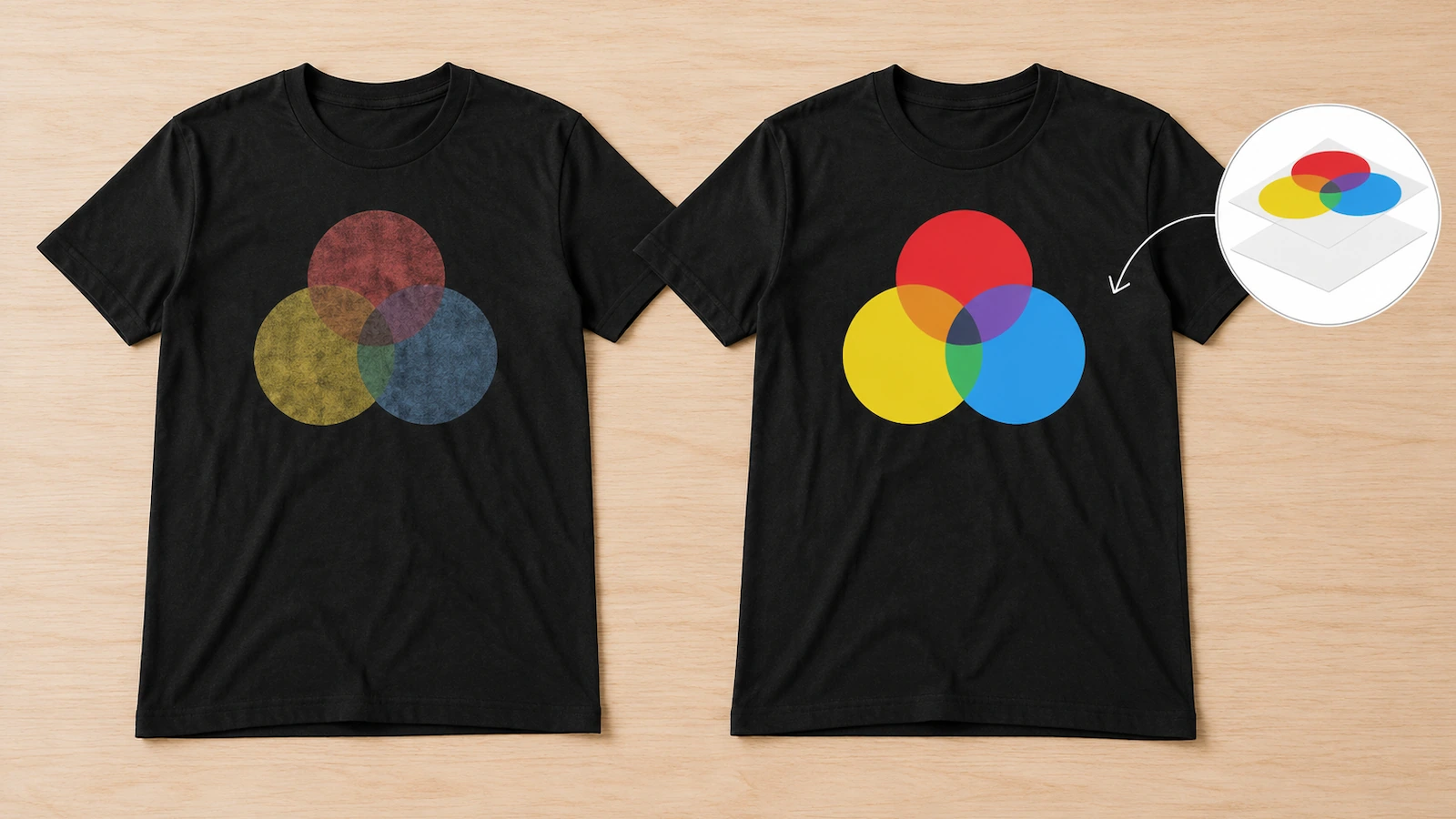 Deux t-shirts noirs identiques côte à côte, l'un avec un imprimé terne sans sous-couche, l'autre avec un imprimé vif posé sur une sous-couche blanche