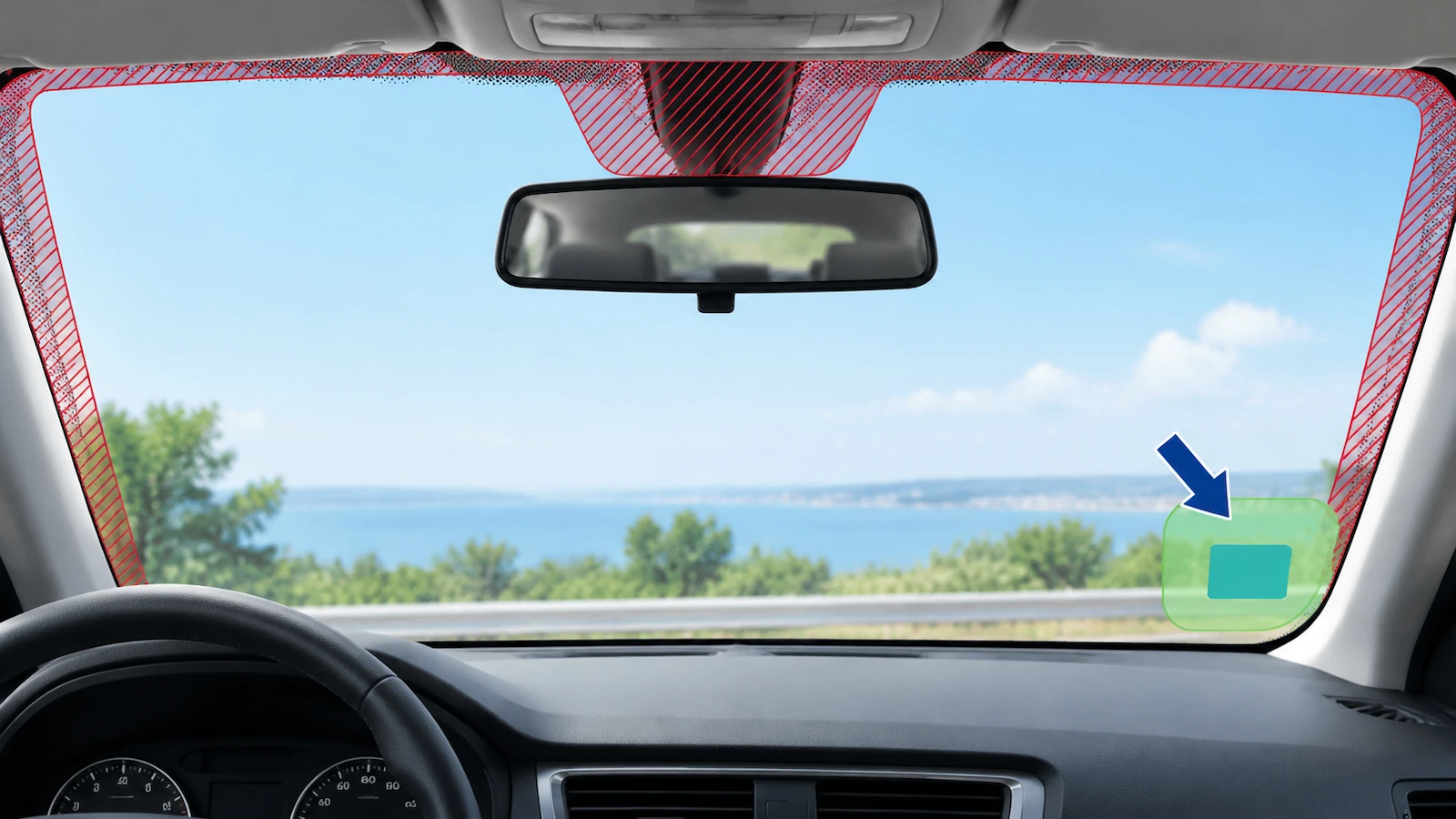 Schéma d'un pare-brise vu de l'intérieur de la voiture, avec une zone cible verte dans un coin inférieur, des zones hachurées en rouge sur la zone des capteurs et sur la bande pointillée de bordure, et une flèche indiquant l'emplacement approuvé