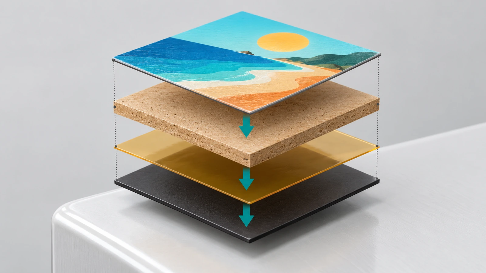 Vue éclatée d'un magnet de frigo en bois imprimé montrant la face imprimée, l'âme en MDF, la couche d'adhésif et le support aimanté séparés par des flèches