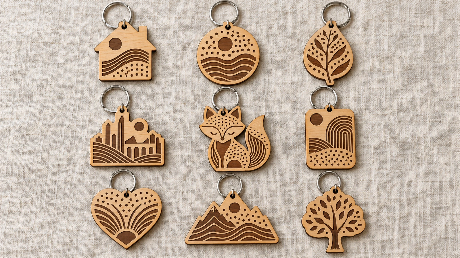 Vue à plat d'une galerie de porte-clés en bois personnalisés en forme de maison, d'écusson, de feuille et de monument, avec des motifs gravés au trait sur du lin clair