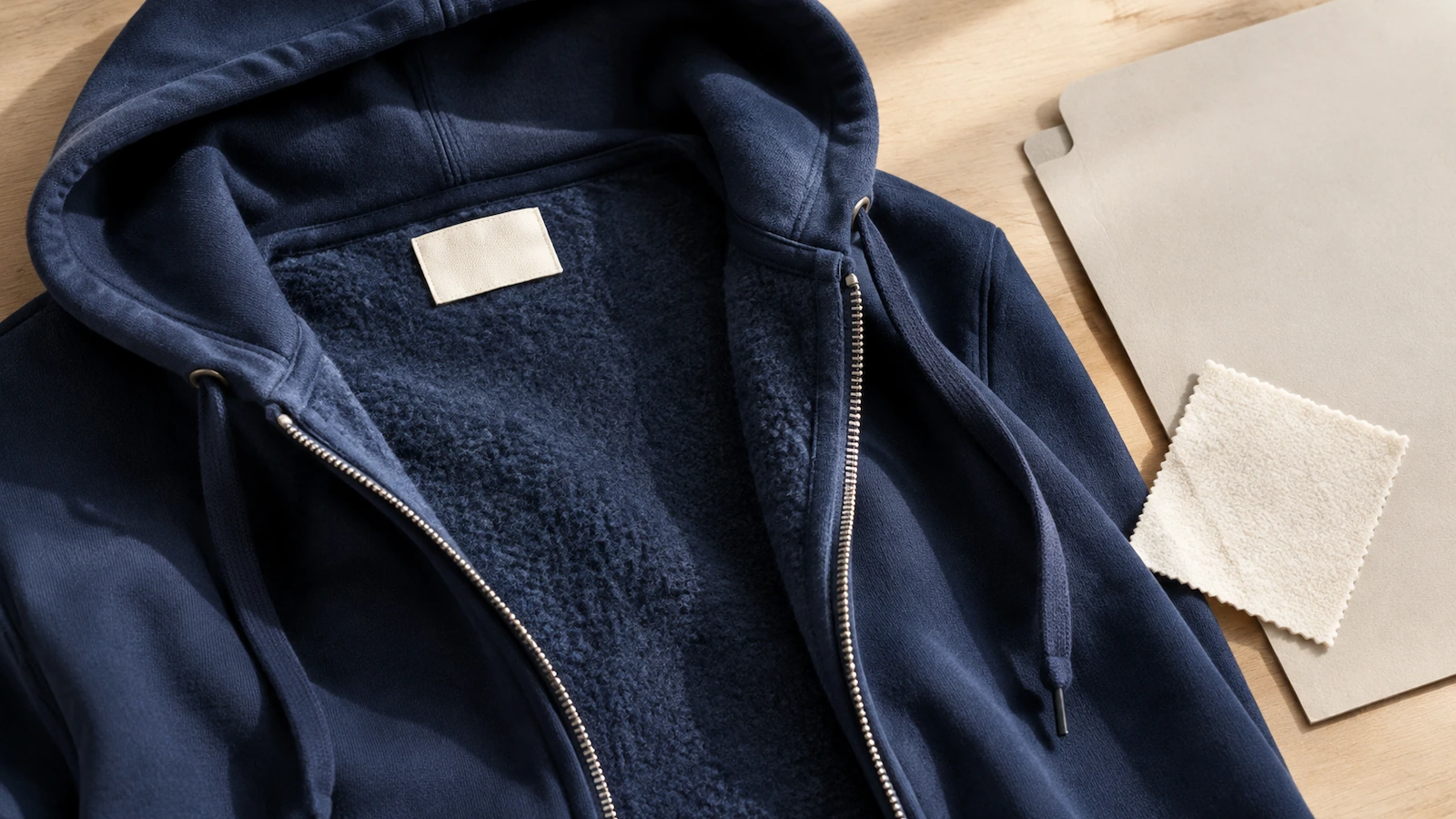 Gros plan sur l'intérieur du col d'un sweat à capuche zippé en molleton, montrant une étiquette textile cousue et l'intérieur gratté exposé le long de la fermeture ouverte, pour illustrer les contrôles d'inflammabilité et d'étiquetage