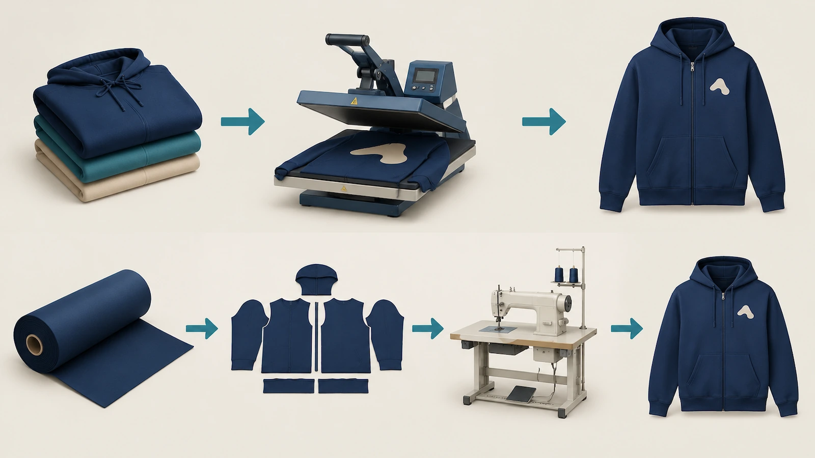 Deux filières de production pour sweats à capuche personnalisés : des sweats vierges de stock pliés qui vont directement à un poste de décoration, face à un rouleau de tissu coupé en panneaux à plat puis cousu en sweat zippé