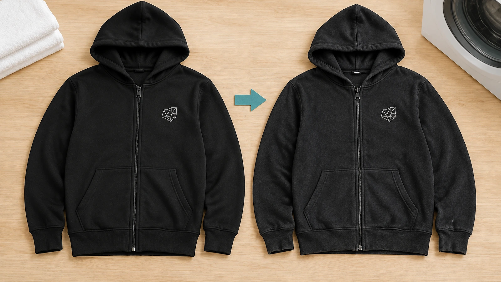 Échantillon de préproduction d'un sweat à capuche avant et après un test de lavage, avec la décoration sur la poitrine gauche à plat et intacte, et la patte de la fermeture contrôlée pour détecter toute ondulation