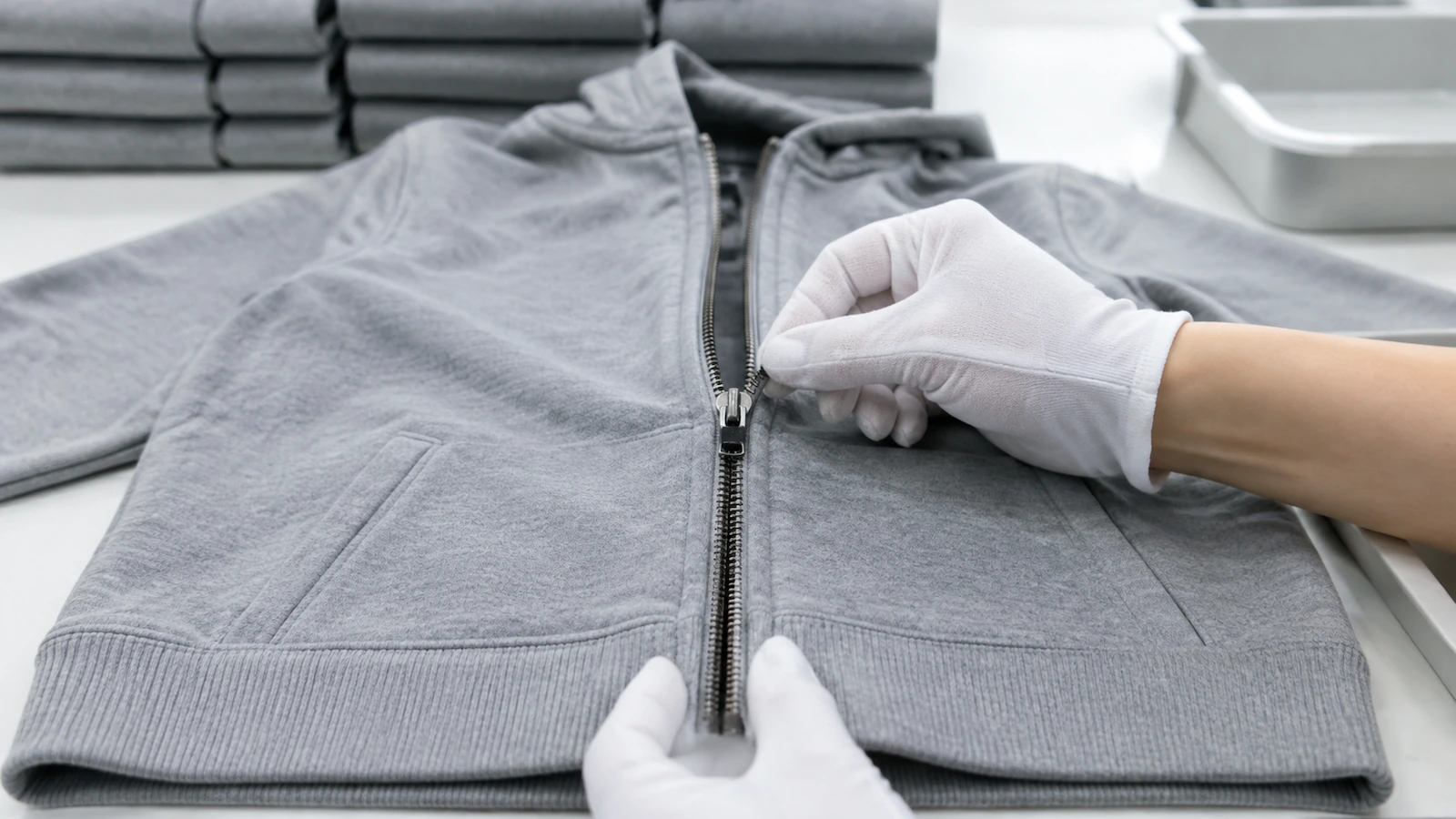 Mains d'un inspecteur du contrôle qualité faisant parcourir à la fermeture d'un sweat toute sa course sur une table d'inspection, pour vérifier que la patte reste à plat et que les ourlets s'alignent