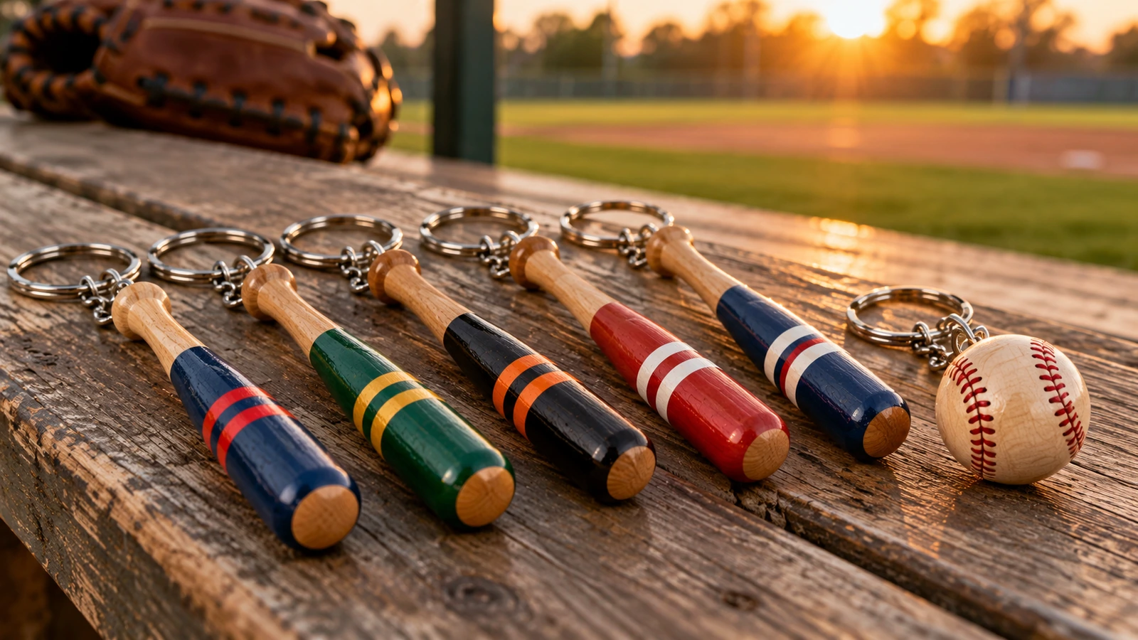 Une rangée de porte-clés batte en bois à fûts colorés aux couleurs de l’équipe, à côté d’un porte-clés rond en forme de balle en bois, posés sur un banc d’abri