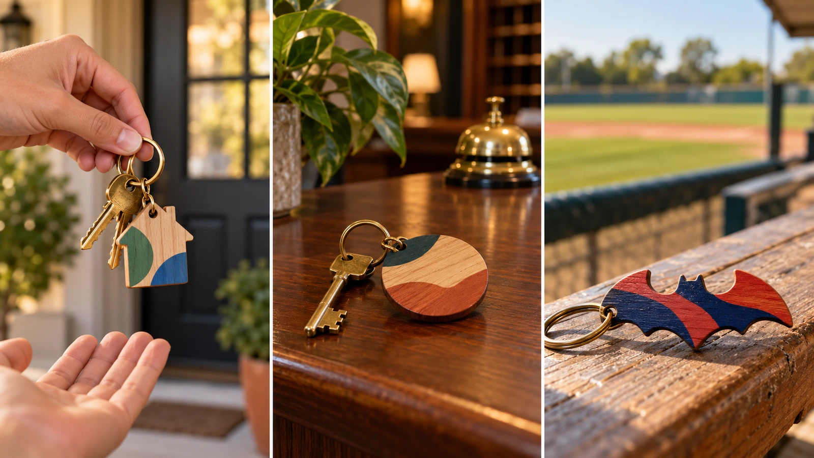 Porte-clés en bois dans des contextes de marque : un médaillon en forme de maison sur des clés de maison neuves, une plaque ronde sur une clé de chambre d’hôtel et une forme de batte dans un stade de baseball