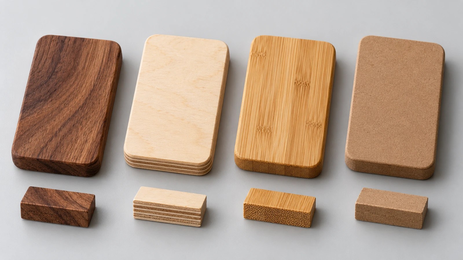Quatre supports de porte-clés en bois côte à côte montrant le veinage du bois dur massif, la tranche en couches du contreplaqué de bouleau, le bambou et le MDF lisse et uniforme