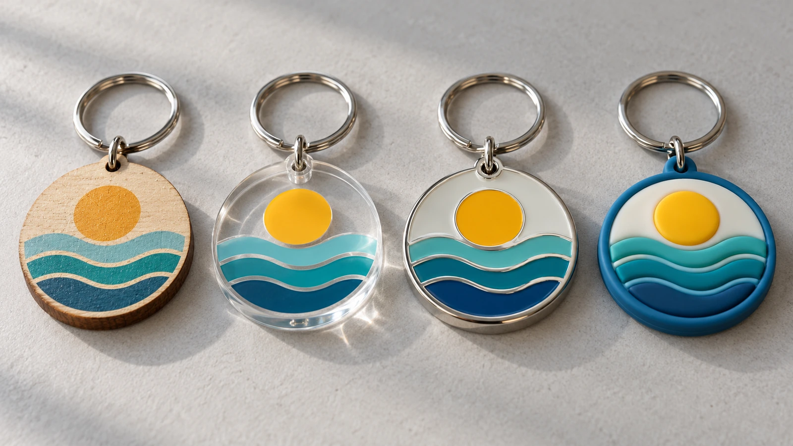 Un porte-clés en bois, un porte-clés en acrylique transparent, un porte-clés en métal poli et un porte-clés en PVC souple disposés côte à côte sur une surface neutre