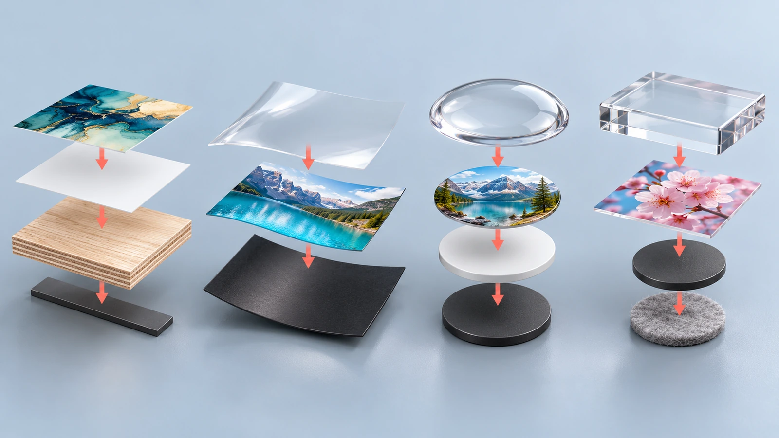 Coupe des couches d'un magnet imprimé pour réfrigérateur montrant la face décorative, le support et le dos magnétique pour chaque procédé