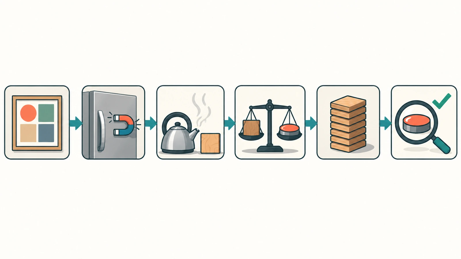 Schéma de décision pour choisir comment imprimer des magnets pour réfrigérateur, du type de visuel au test de surface, à l'environnement, au dimensionnement de l'aimant, à la taille du tirage et aux contrôles de l'échantillon
