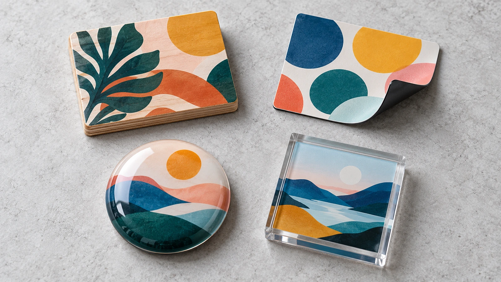 Quatre façons d'imprimer des magnets pour réfrigérateur présentées côte à côte : bois imprimé en UV, feuille magnétique souple laminée, impression sous dôme époxy et insert acrylique