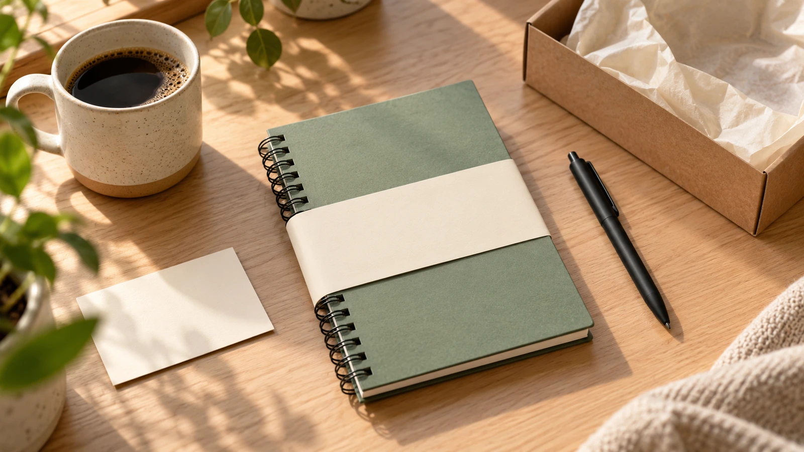 Kit de bienvenue d'intégration sur un bureau, avec un carnet à reliure métallique enveloppé dans un fourreau de couleur unie, un stylo et une petite carte vierge, sous une lumière douce du jour