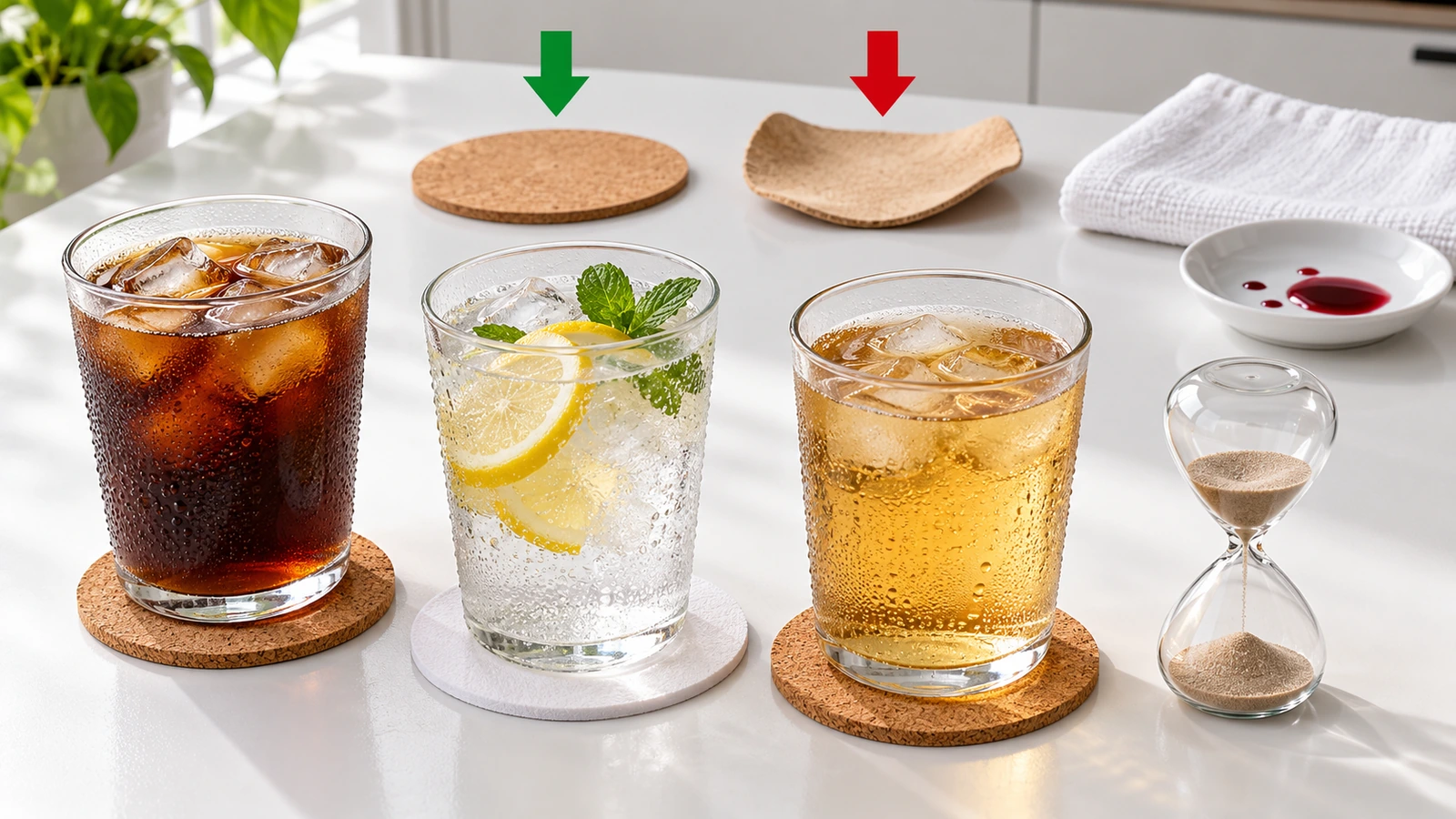 Montage de test sur échantillons avec des verres glacés posés sur des sous-verres en liège et en carton-pâte, un sablier, et un sous-verre plat comparé à un sous-verre gondolé