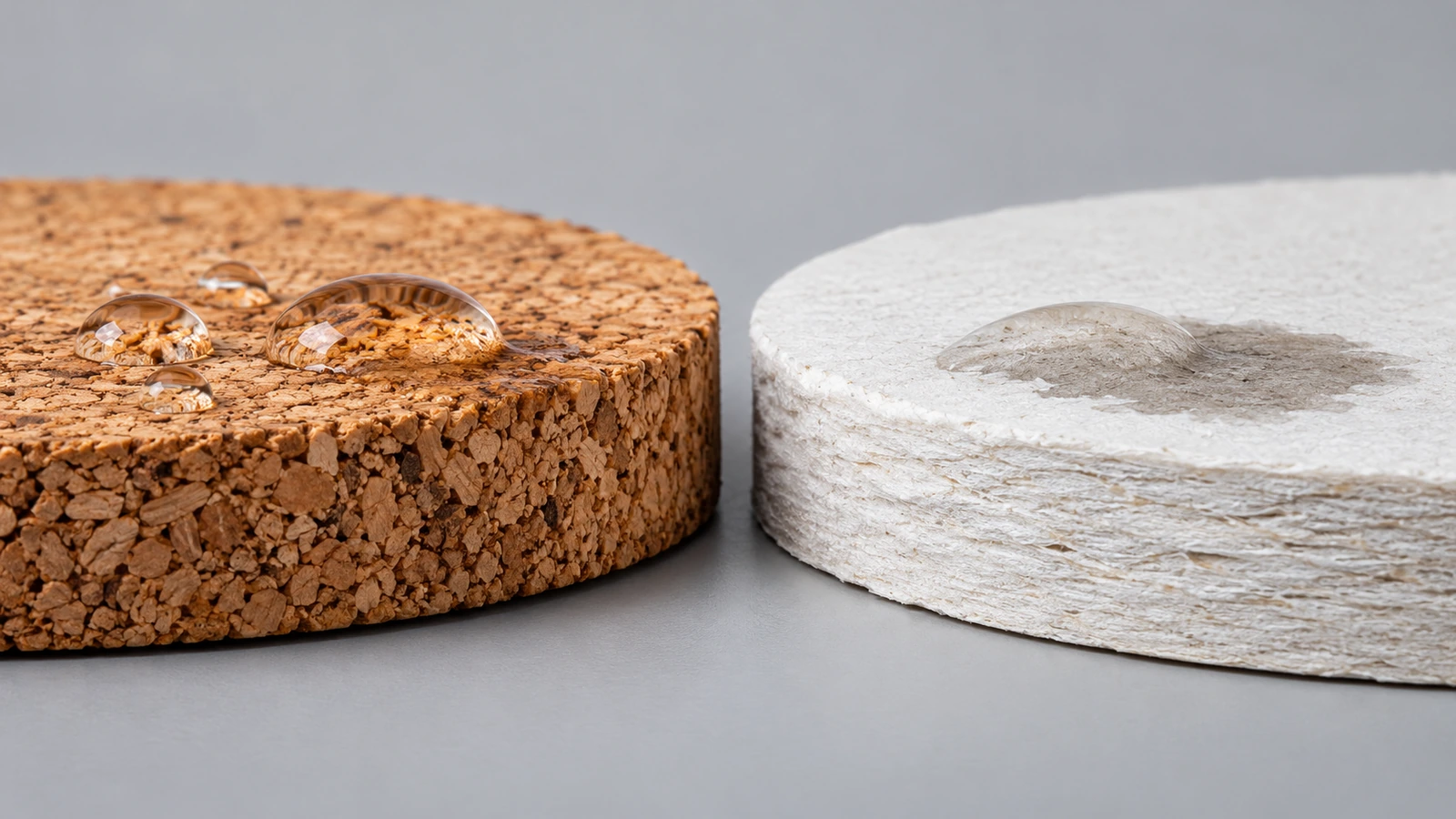 Comparaison en macro de la texture cellulaire naturelle du liège et des fibres superposées du carton-pâte, avec des gouttelettes d'eau sur chaque surface