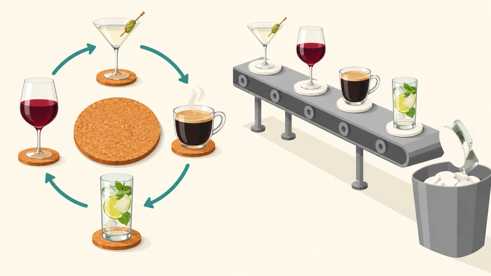 Illustration opposant un sous-verre en liège réutilisé sous de nombreux verres, en boucle, à un flux de sous-verres en carton-pâte à usage unique qui tombent dans une poubelle