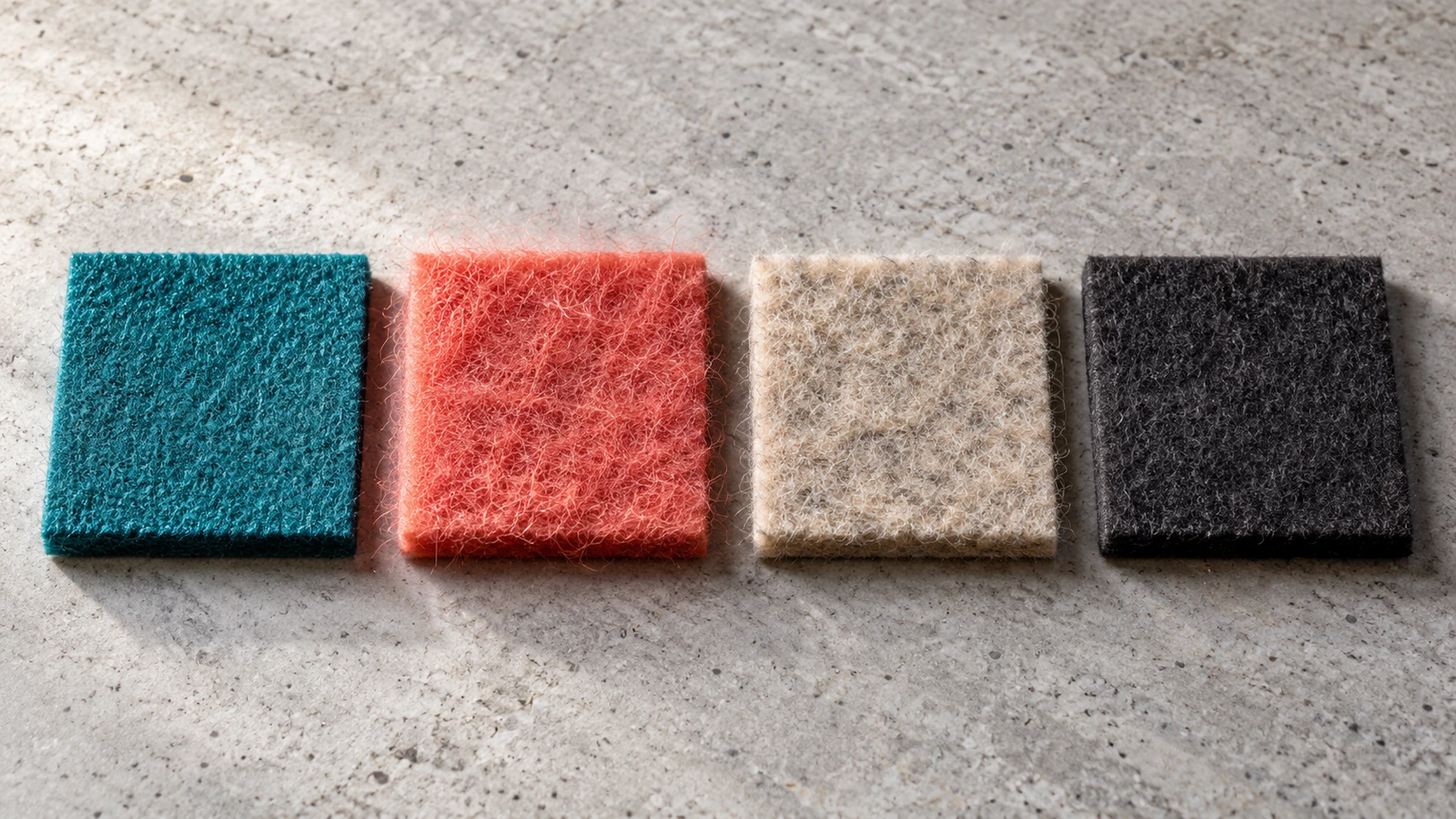Quatre échantillons de feutre en polyester, acrylique, mélange laine et laine pure, présentés côte à côte en macrophotographie pour comparer la texture et la densité de surface
