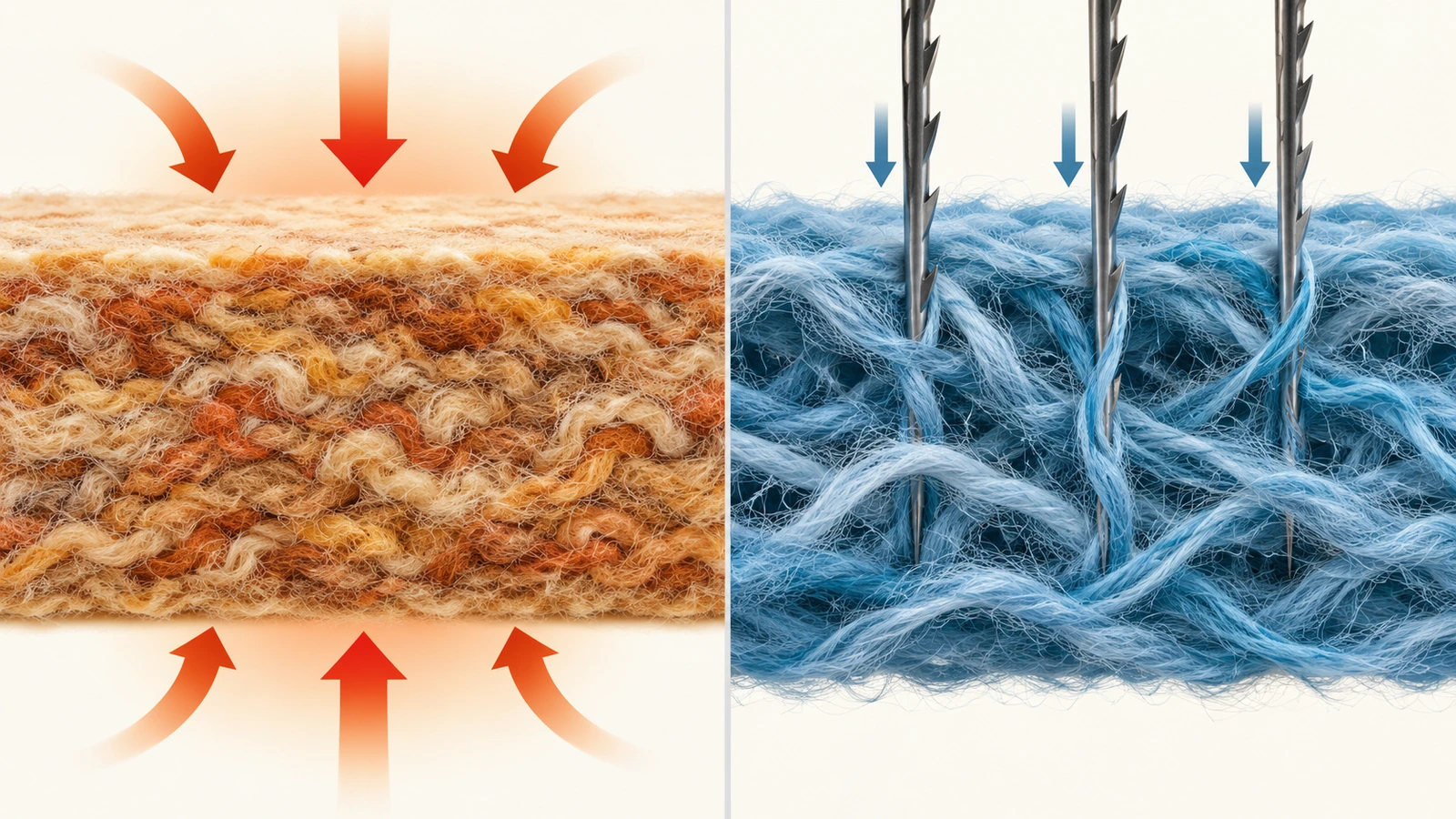 Illustration en coupe comparant un feutre pressé dense et très entrelacé avec un feutre aiguilleté plus volumineux, dont les fibres sont entraînées par des aiguilles barbelées