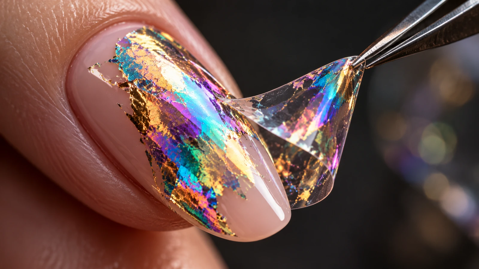 Vue macro d'un transfert en feuille métallique holographique sur un ongle en gel, montrant une profondeur aux couleurs changeantes sur une surface plane