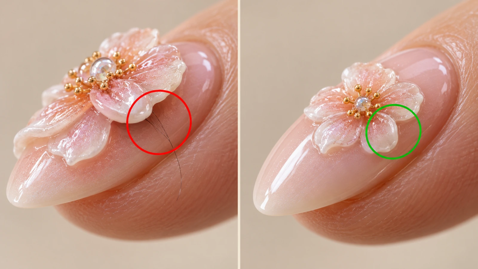 Gros plan côte à côte d'une décalcomanie en relief qui se soulève sur le bord incurvé d'un ongle, face à une décalcomanie plus petite posée à plat et scellée