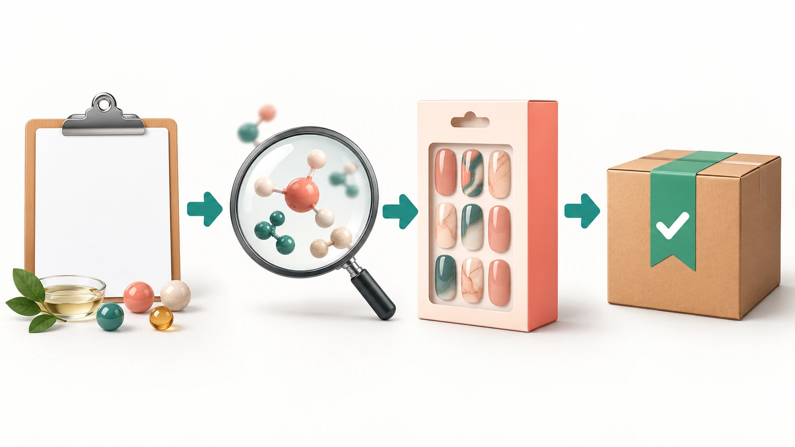 Schéma de processus reliant par des flèches une fiche de formule, une évaluation de la sécurité, une boîte étiquetée et un carton d’expédition pour une gamme de films pour ongles