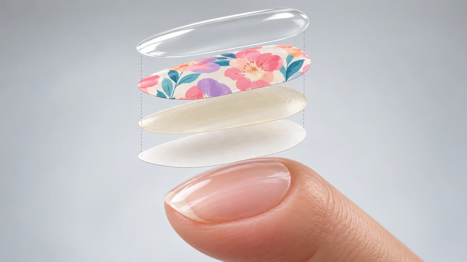 Vue éclatée d’un film pour ongles montrant le film supérieur, la couche imprimée en couleur, la couche adhésive et le support détachable, sous forme de feuilles superposées distinctes