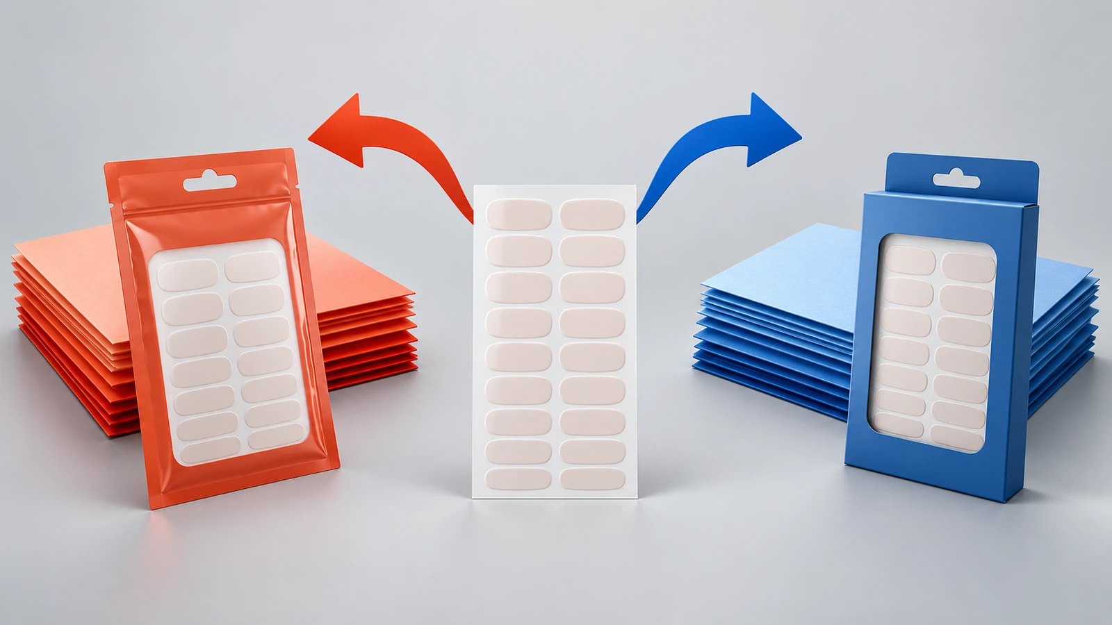 Deux piles de documents de couleurs différentes reliées par des flèches à deux emballages distincts de films pour ongles, représentant les parcours de conformité distincts pour les États-Unis et l’UE