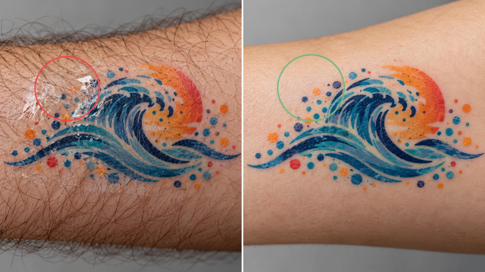 Macro vue divisée comparant, à gauche, un tatouage temporaire qui se décolle avec de minuscules bulles d’air sur des poils de bras et, à droite, un tatouage lisse et parfaitement adhérent sur une peau sans poils