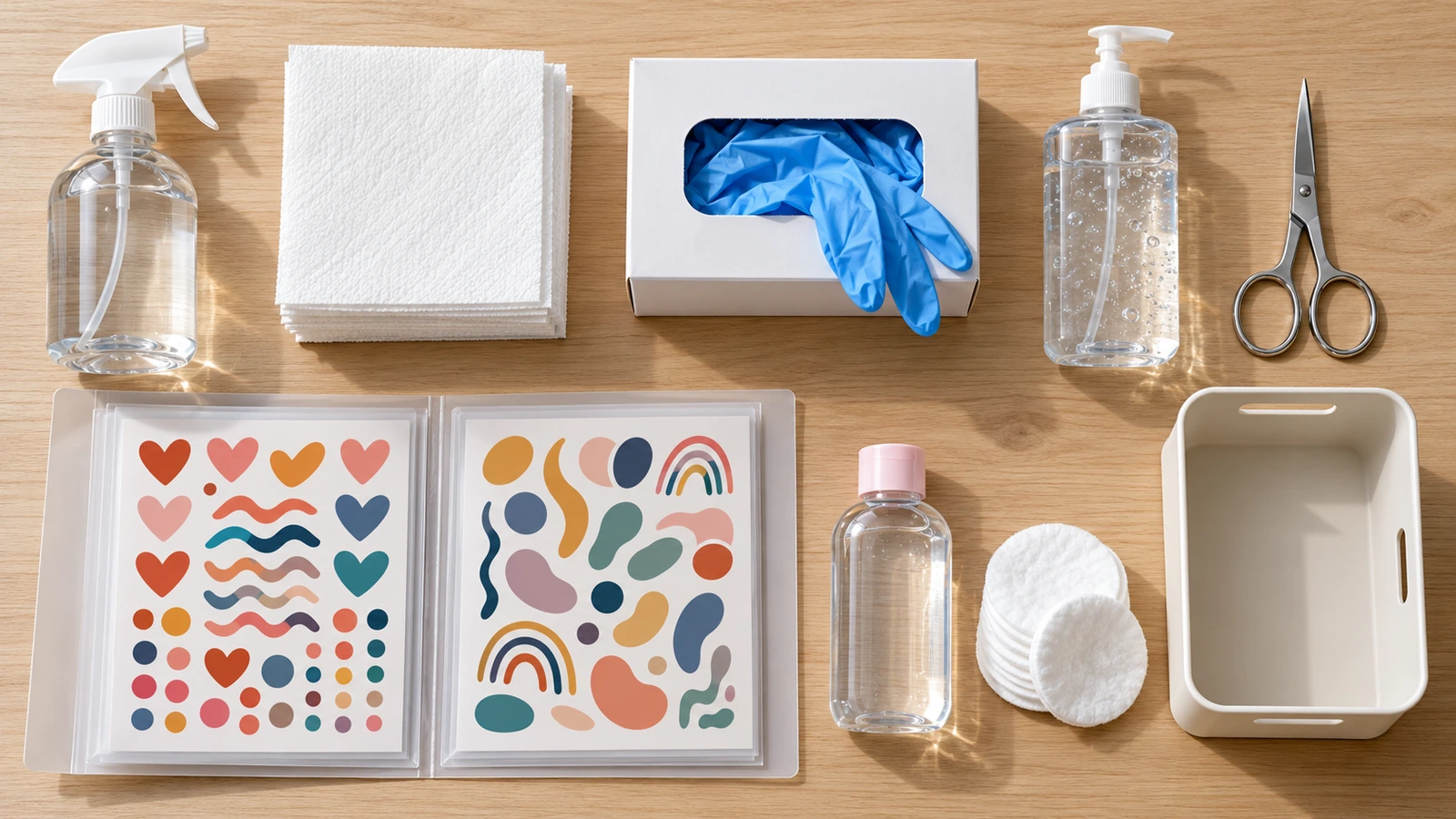 Vue à plat en plongée d’un poste d’application de tatouages temporaires hygiénique, avec flacon vaporisateur, carrés d’essuie-tout à usage unique, ciseaux, feuilles de tatouage prédécoupées dans une chemise, gel hydroalcoolique, huile pour bébé et poubelle