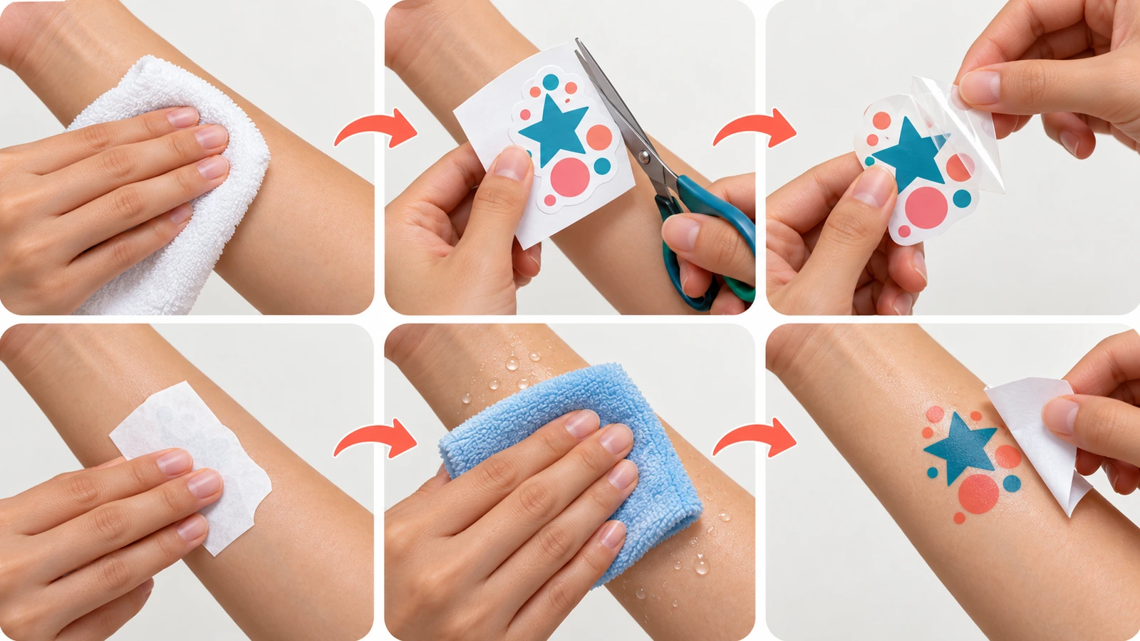 Séquence en six étapes montrant des mains qui nettoient un avant-bras, découpent un tatouage, retirent le film transparent, pressent le motif face vers le bas, maintiennent un chiffon humide dessus, puis soulèvent le papier