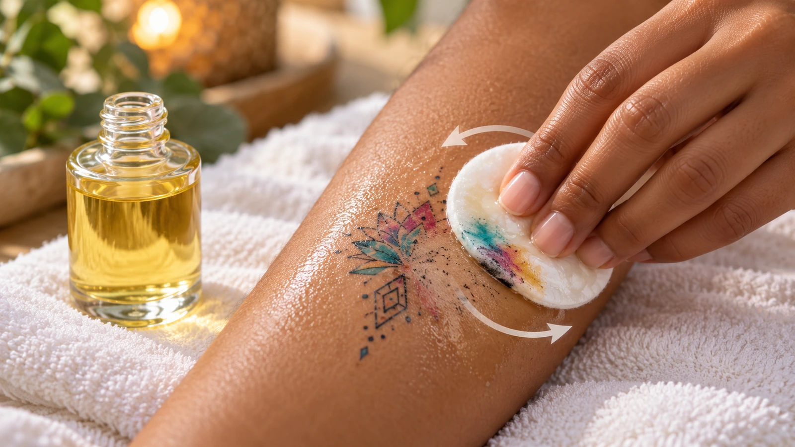 Gros plan d’un coton imbibé d’huile transparente retirant un tatouage temporaire qui s’estompe sur un avant-bras, avec de douces flèches circulaires montrant le geste d’essuyage
