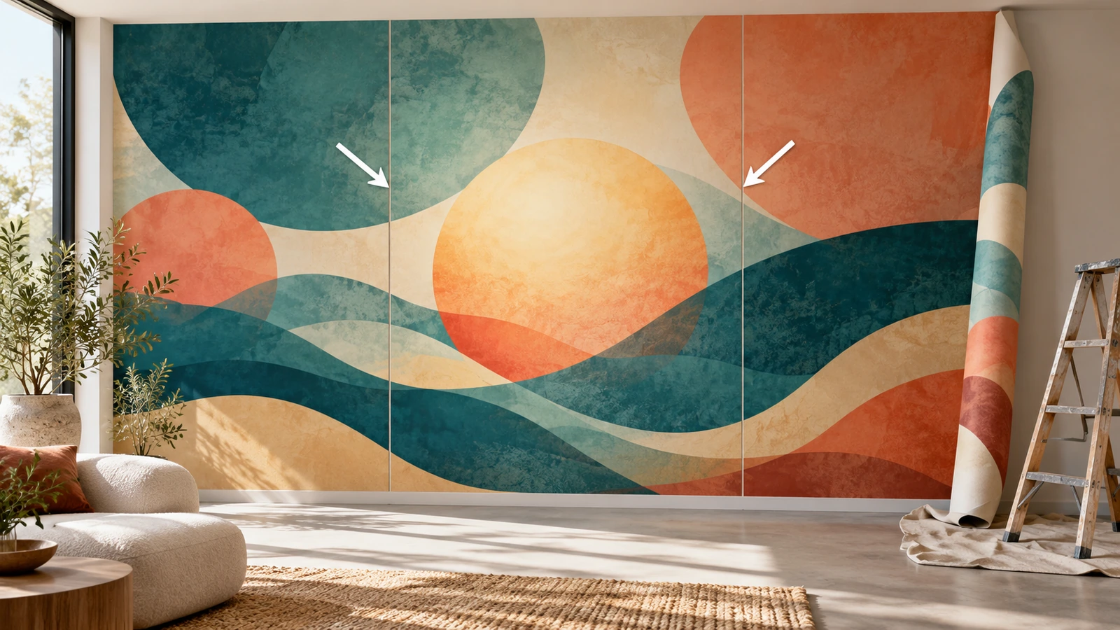 Grande fresque abstraite aux couleurs de marque présentée en panneaux verticaux sur un mur d'accueil, avec des flèches indiquant où les raccords s'éloignent de la forme centrale mise en avant