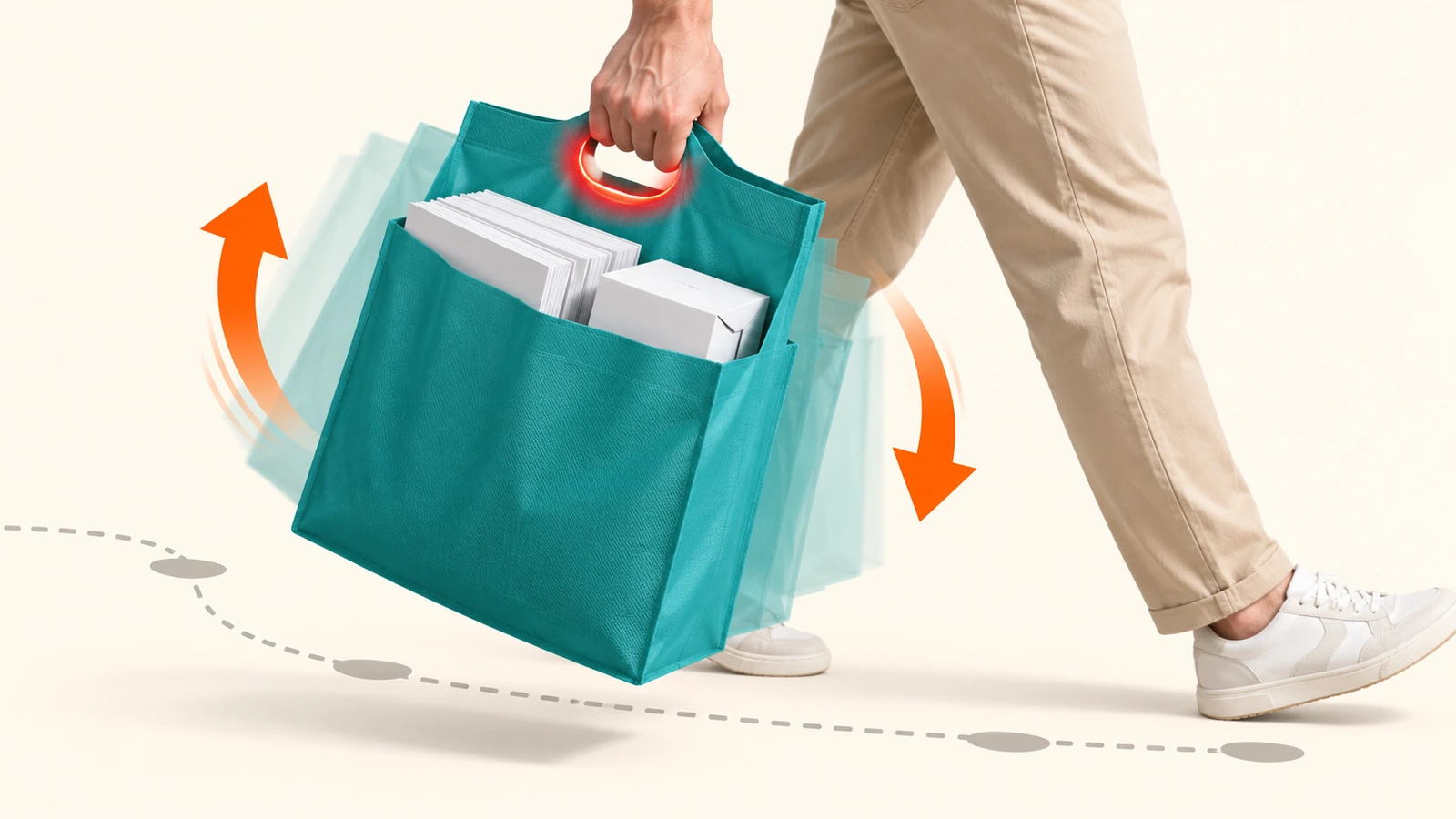 Main soulevant un sac plat non tissé rempli, muni d'une poignée découpée, avec des flèches courbes indiquant que les forces de levage et de balancement se concentrent sur le bord de la poignée
