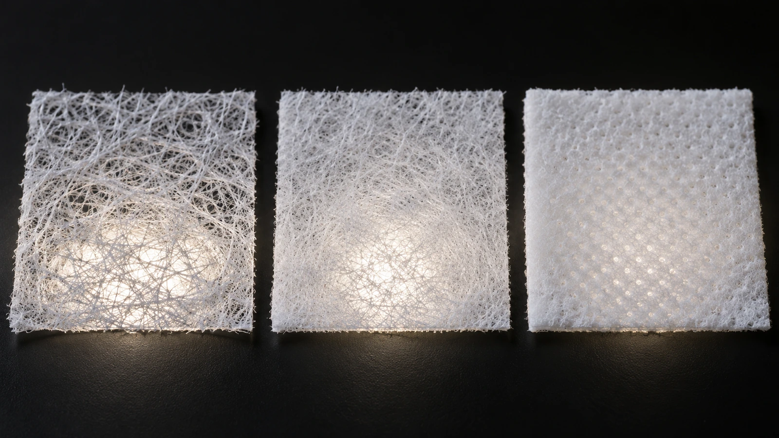 Macro comparaison de trois échantillons de tissu non tissé en polypropylène montrant côte à côte une trame de fibres légère et ouverte, une trame moyenne et une trame dense et lourde