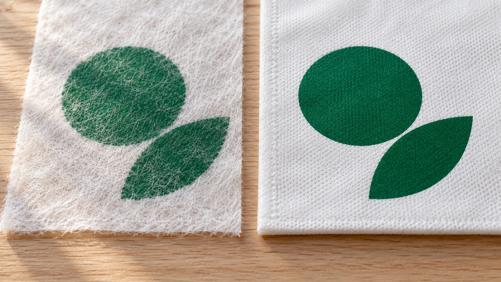 Gros plan d'un logo géométrique sérigraphié sur un sac non tissé léger, à côté de la même forme imprimée sur un sac non tissé plus lourd, montrant des bords plus nets sur le tissu plus dense
