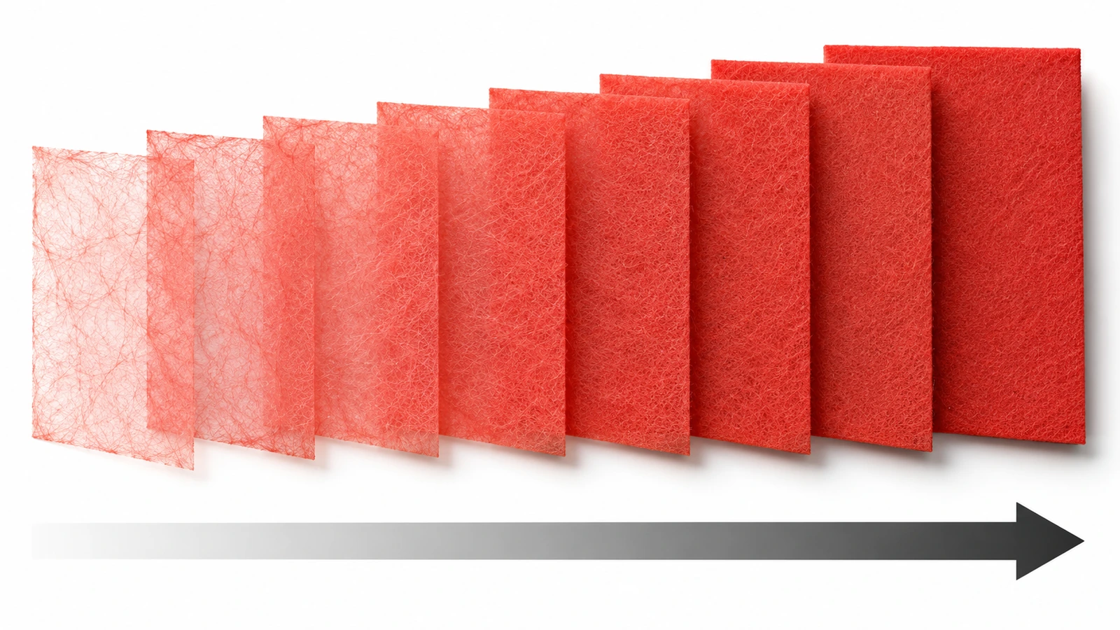 Pile de huit échantillons de tissu non tissé, du plus fin et translucide au plus épais et opaque, avec une flèche unique indiquant l'augmentation du grammage de gauche à droite