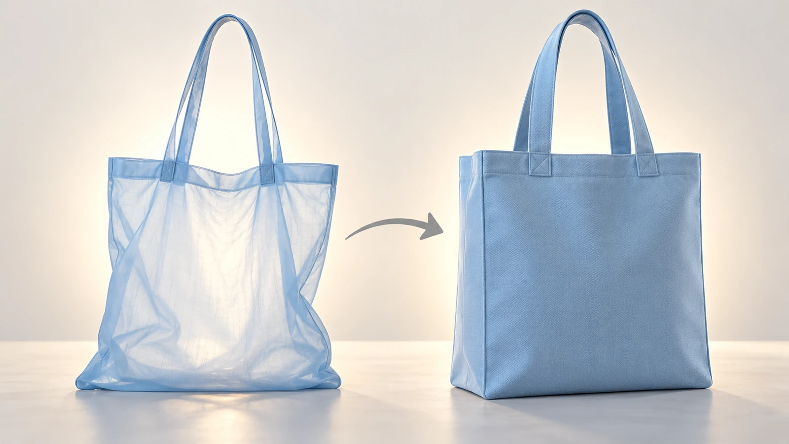 Comparaison côte à côte d'un sac cabas en polyester léger, fin et translucide, et d'un sac cabas épais et structuré, montrant la différence de grammage du tissu