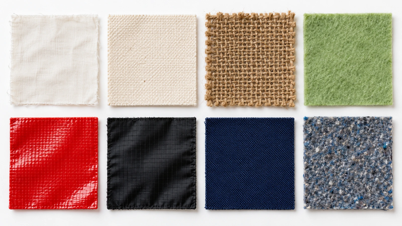 Huit échantillons de tissu de sac cabas disposés en grille : coton, toile, jute, PP non tissé, PP laminé, nylon, polyester et polyester recyclé