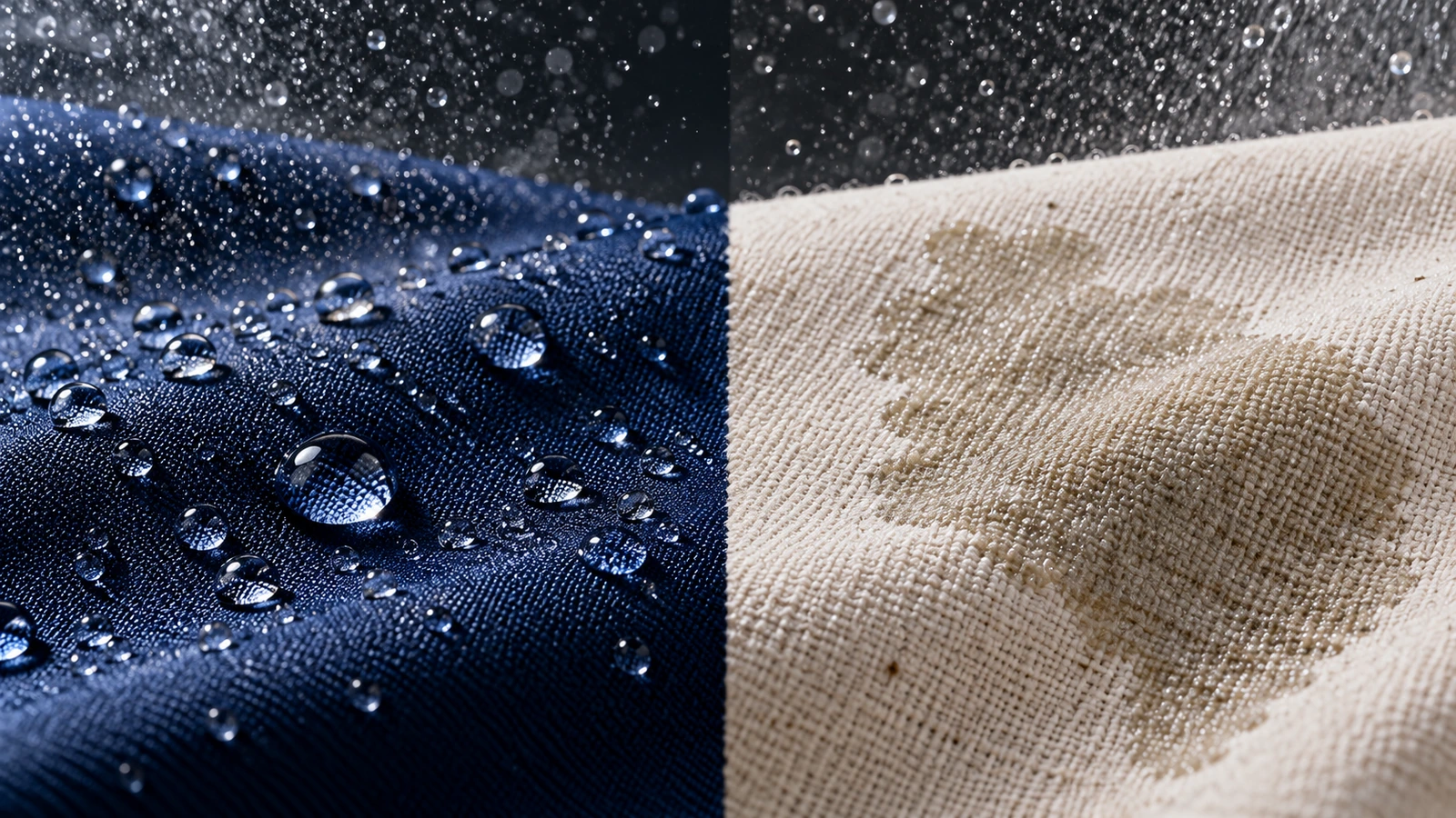 Gouttes d'eau perlant sur un tissu synthétique lisse, à côté d'eau pénétrant dans une toile de coton tissée