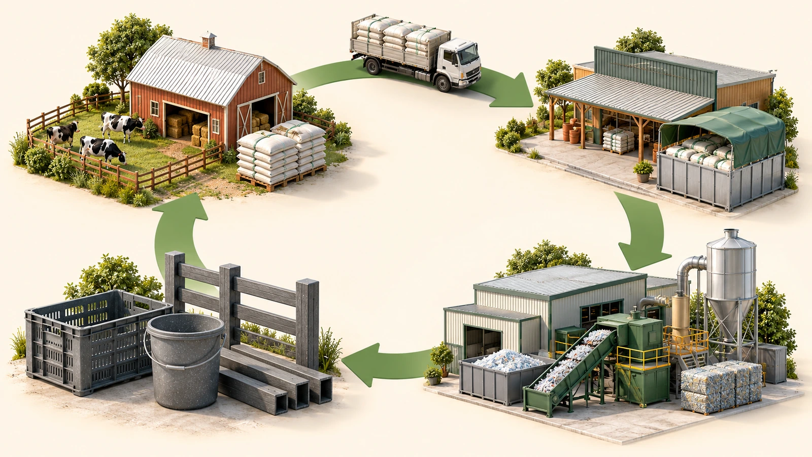 Boucle circulaire de reprise montrant une ferme, un contenant de collecte chez le distributeur, une usine de recyclage et de nouveaux produits reliés par des flèches