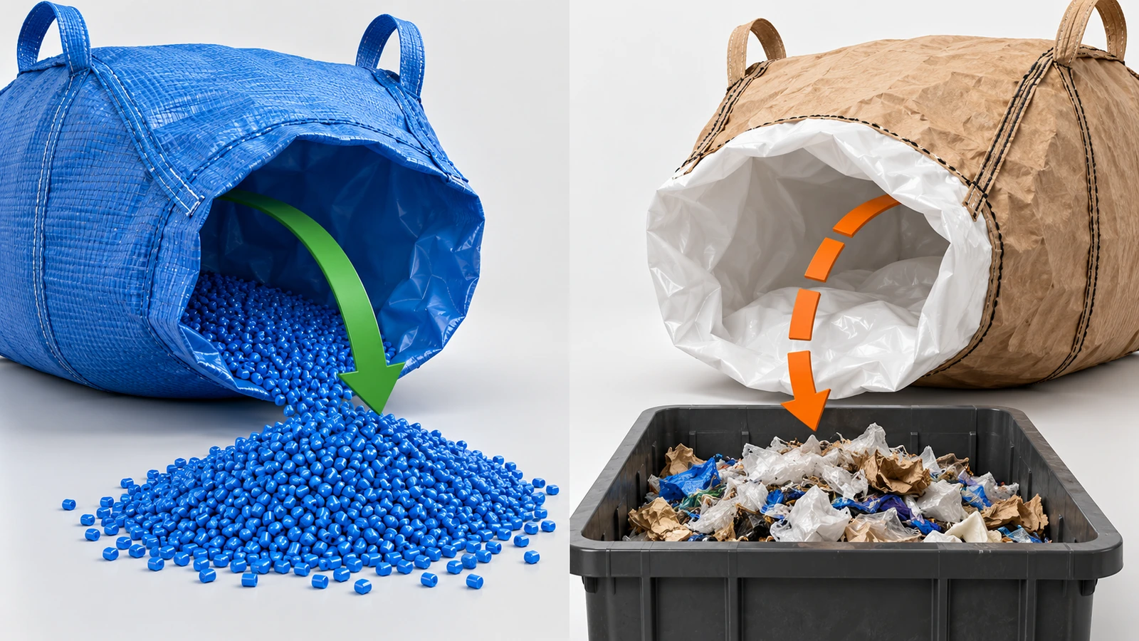Comparaison côte à côte d'un sac tissé monomatériau monocolore et d'un sac multicolore en matériaux mixtes, avec des flèches indiquant un chemin vers un tas de granulés et l'autre vers un bac de rejet