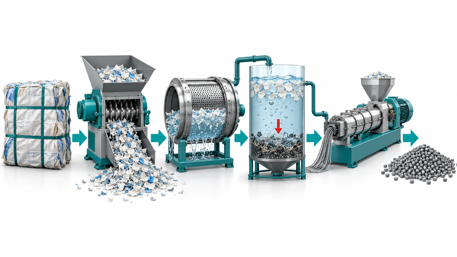 Diagramme de flux du recyclage des sacs pour aliments, depuis les sacs en balles jusqu'au broyage, au lavage, au bac de flottaison-immersion et à l'extrusion en granulés recyclés