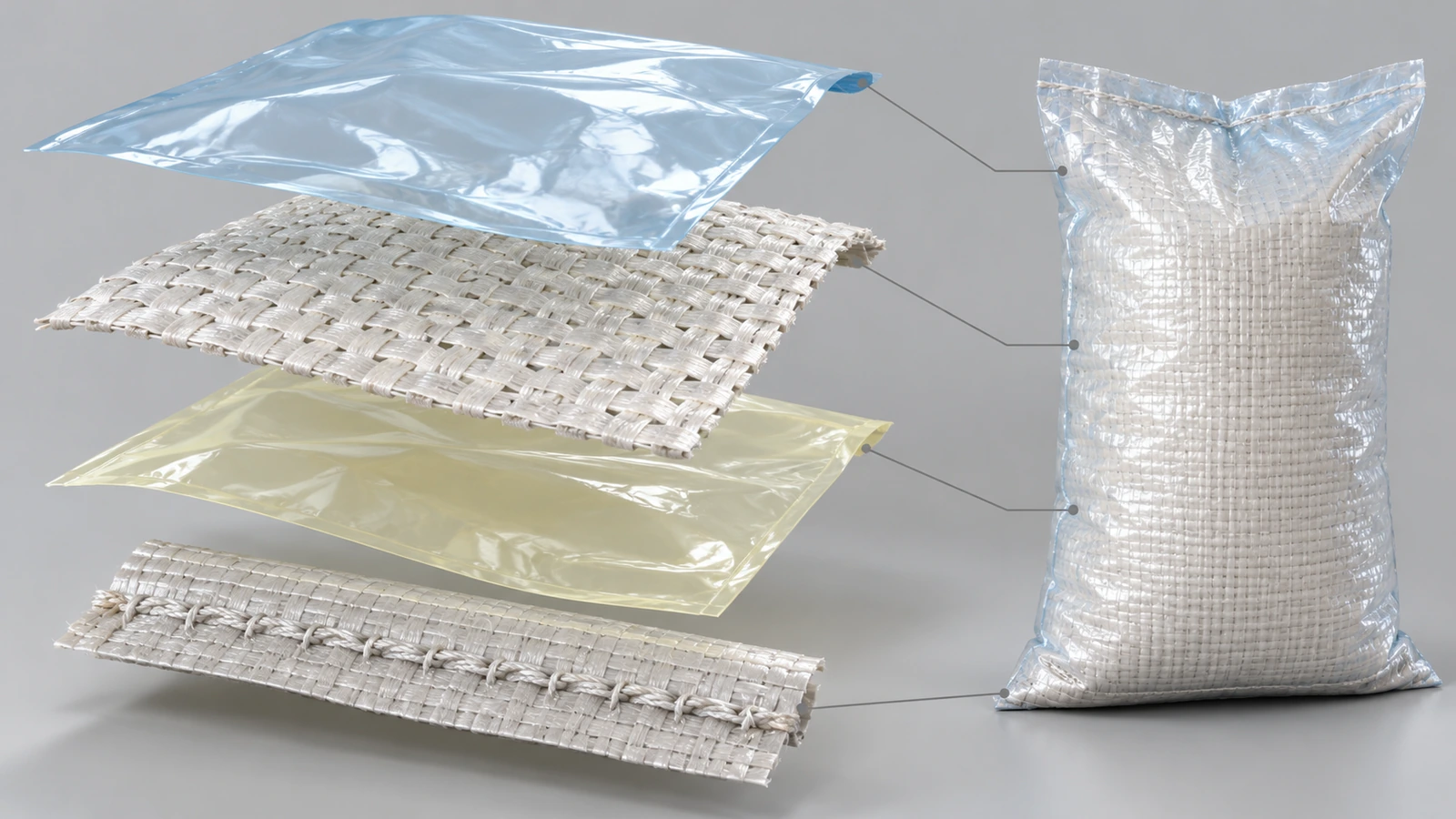 Vue éclatée d'un sac pour aliments pour animaux en polypropylène tissé montrant le tissu en rubans tissés, le film laminé BOPP, la doublure intérieure facultative et la couture de fond cousue, représentés comme des couches distinctes de couleurs différentes